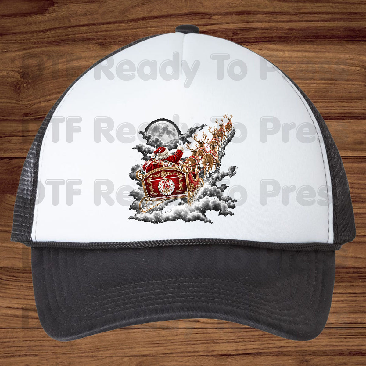 Santa Sleigh DTF Transfers, Flying Night Full Moon Vintage Reindeer Christmas Ready to Press