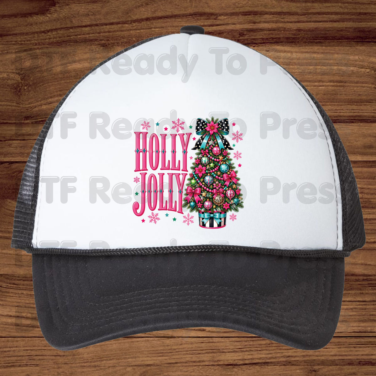 Christmas DTF Transfer, Holly Jolly Pink Christmas Tree, Bow and Snowflakes