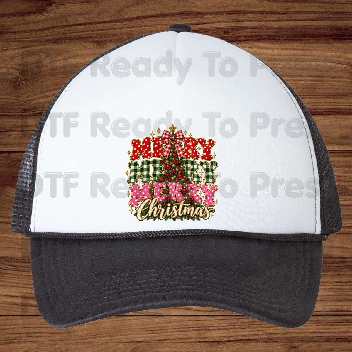 Merry Merry Christmas Tree DTF Transfers, Plaid Polka Dot Pink Holiday Ready to Press