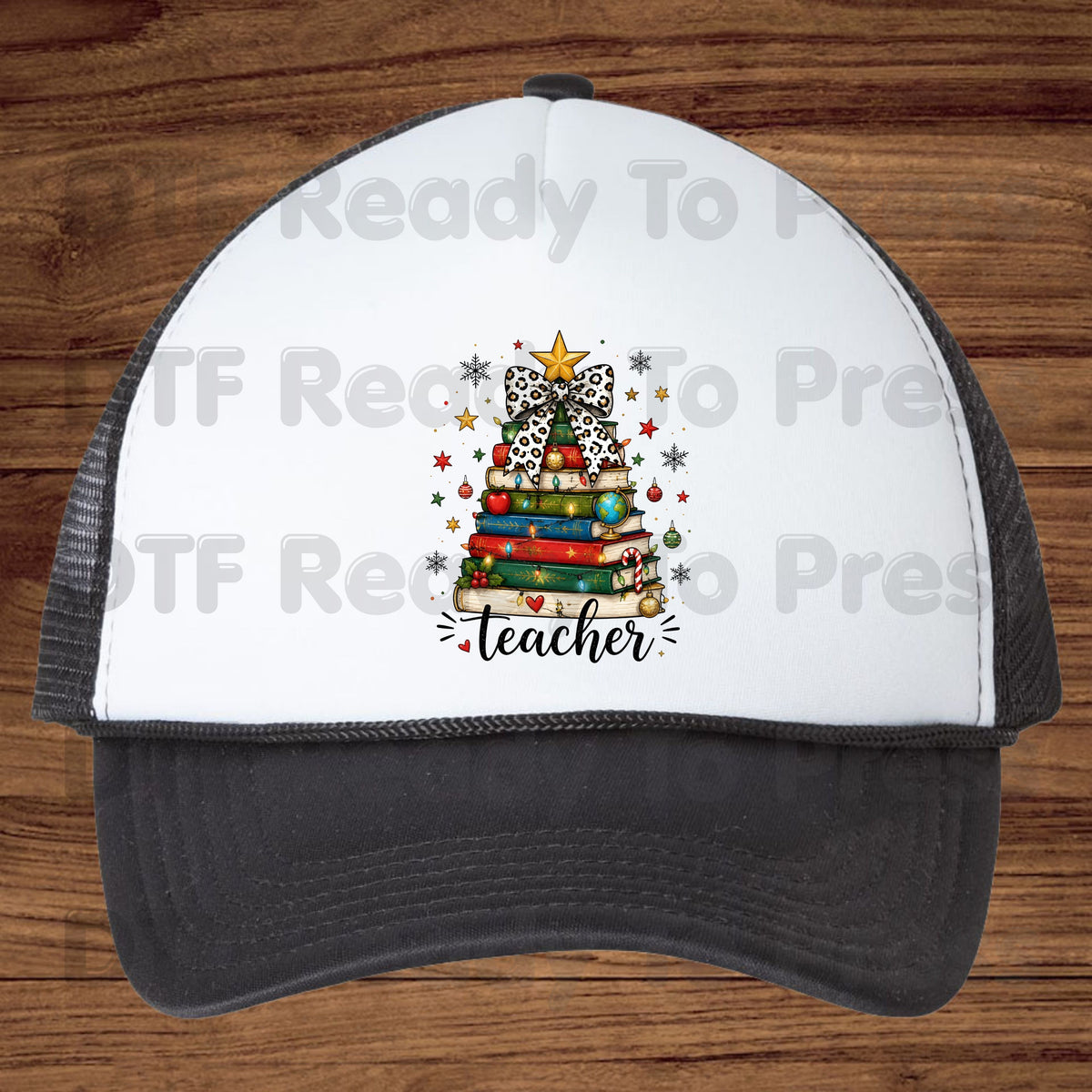 Christmas Teacher DTF Transfers, Book Tree Leopard Bow School Lights Holiday Ready to Press