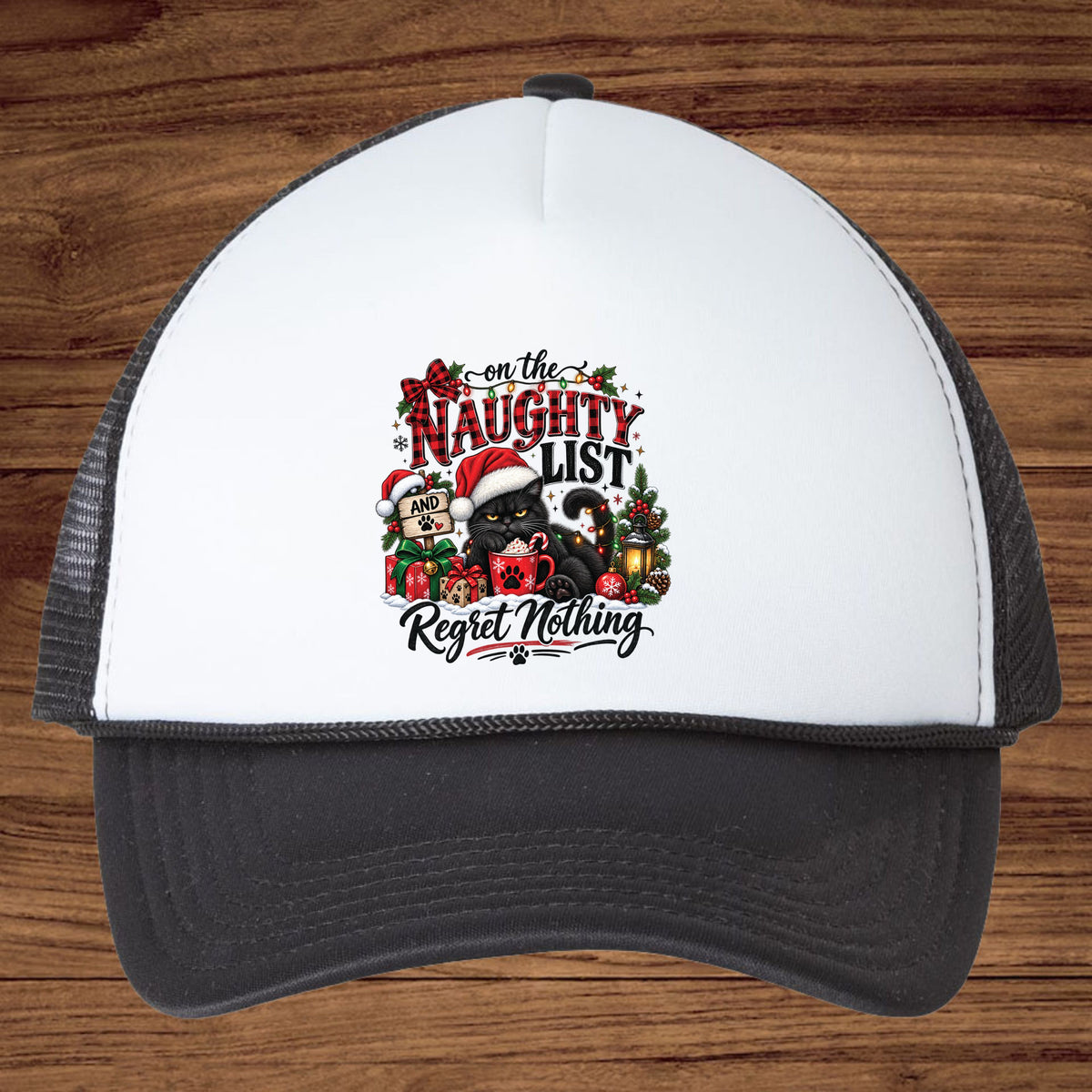Christmas DTF Transfer, Naughty List Black Cat with Santa Hat, Funny Holiday Graphic