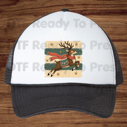 Vintage Christmas Reindeer DTF Transfers, Flying Reindeer Scarf Retro Winter Ready to Press
