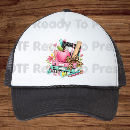 Pink Apple School Supplies DTF Transfers, Books Leopard Bow Back to School Teacher Student Ready to Press