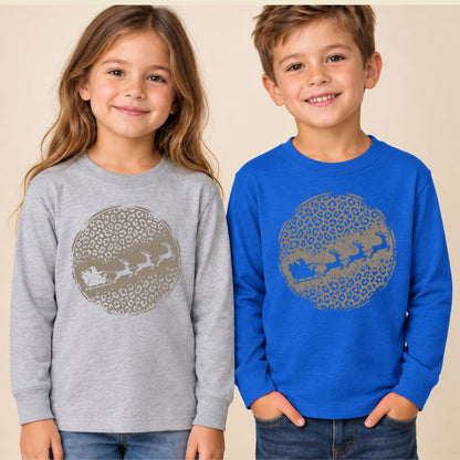 Leopard Print Santa Sleigh T-Shirt, Christmas Reindeer Graphic Tee, Trendy Holiday Shirt