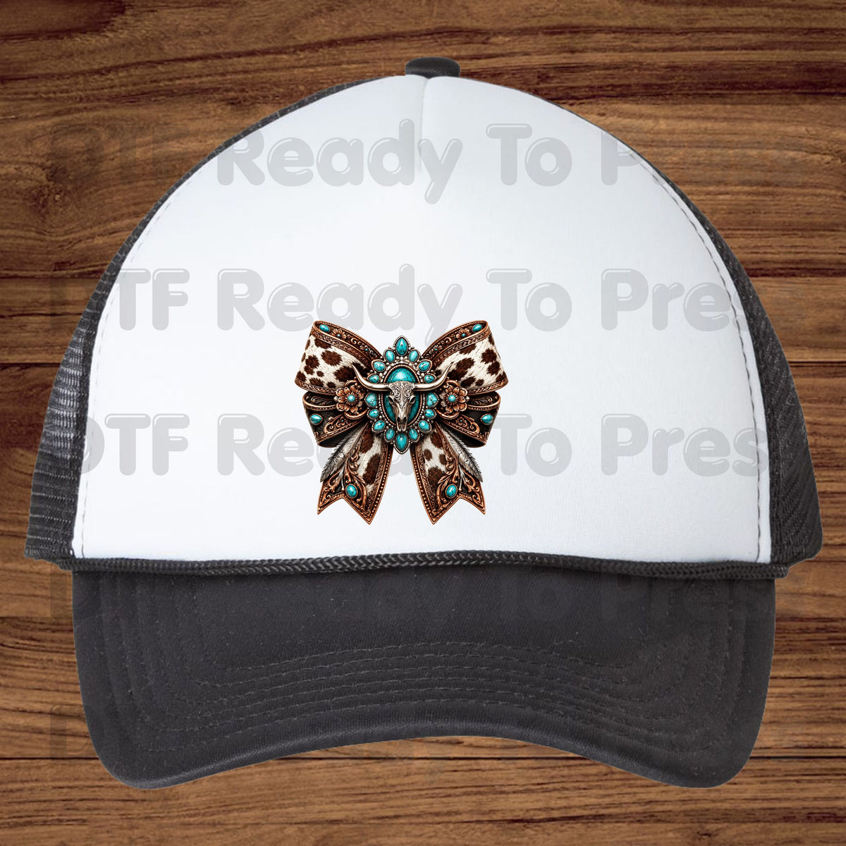 Western Bow DTF Transfers, Turquoise Longhorn Skull Cowhide Coquette Bow Cowgirl Ready to Press
