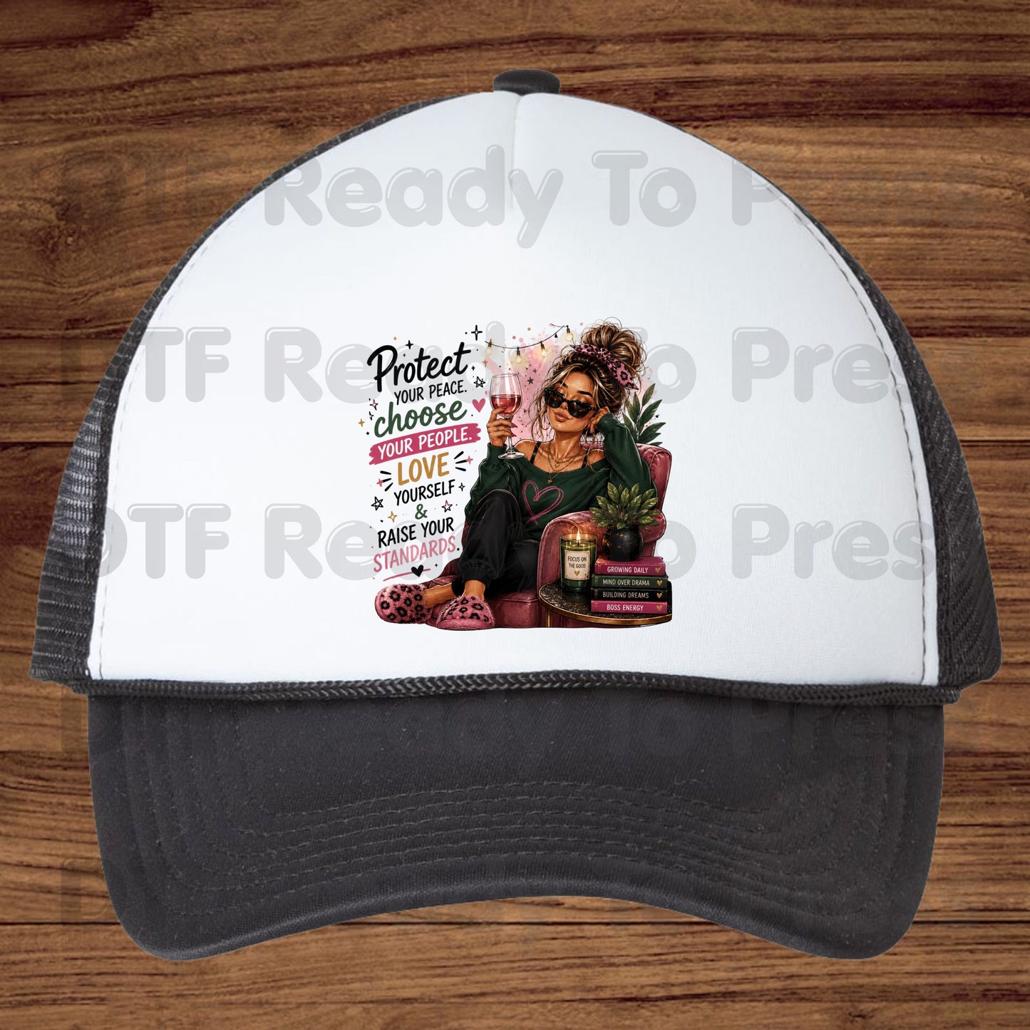 Inspirational Self Care Girl DTF Transfers, Protect Your Peace Love Yourself Wine Woman Quote Ready to Press