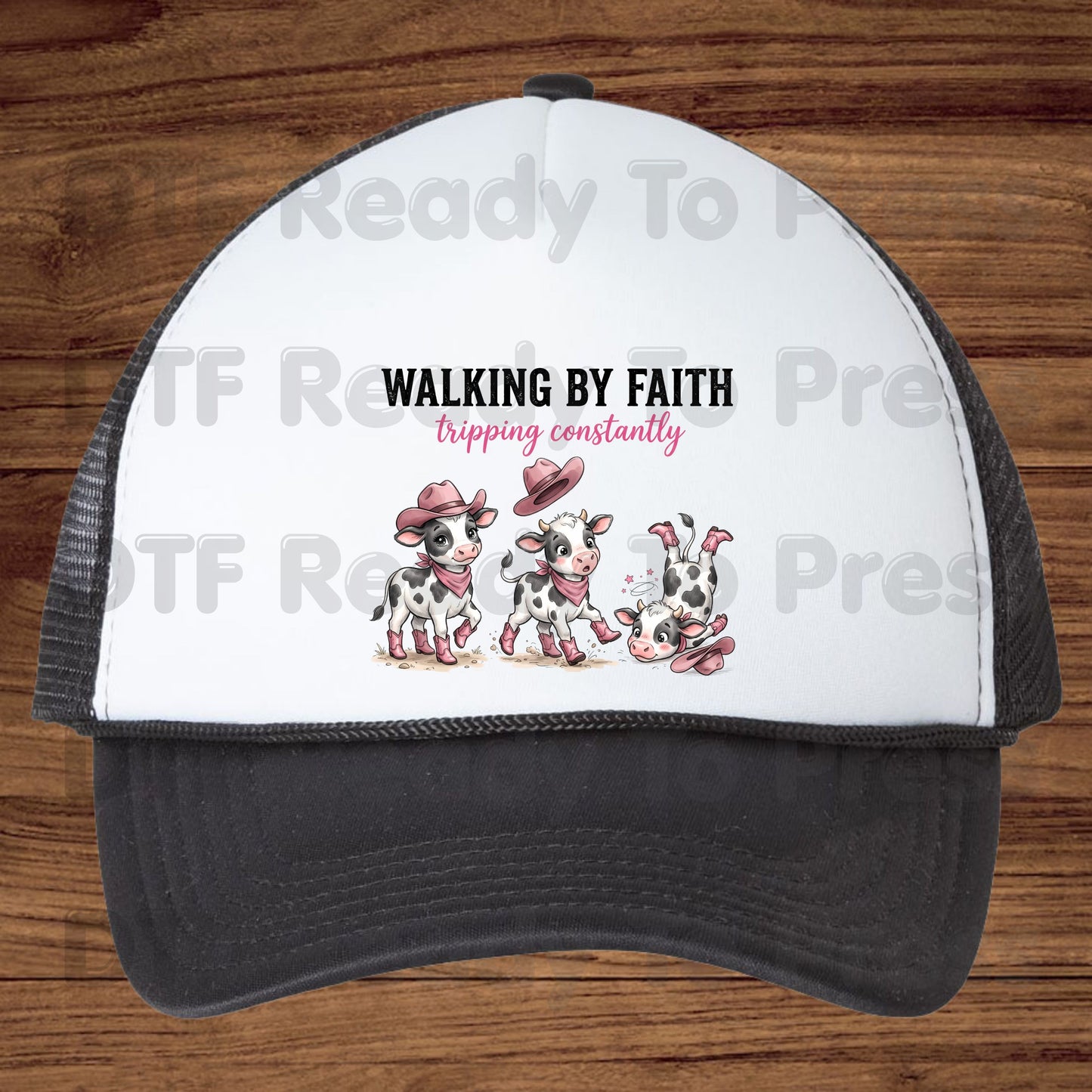 Funny Western Cow DTF Transfers, Walking by Faith Tripping Constantly Pink Cowboy Boots Christian Humor Ready to Press