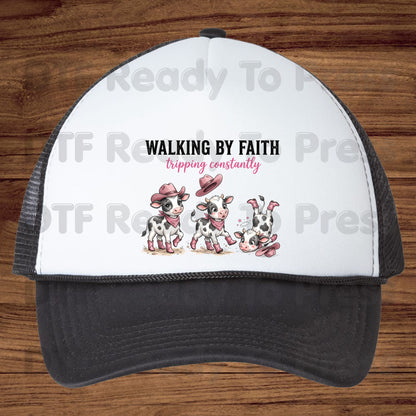 Funny Western Cow DTF Transfers, Walking by Faith Tripping Constantly Pink Cowboy Boots Christian Humor Ready to Press
