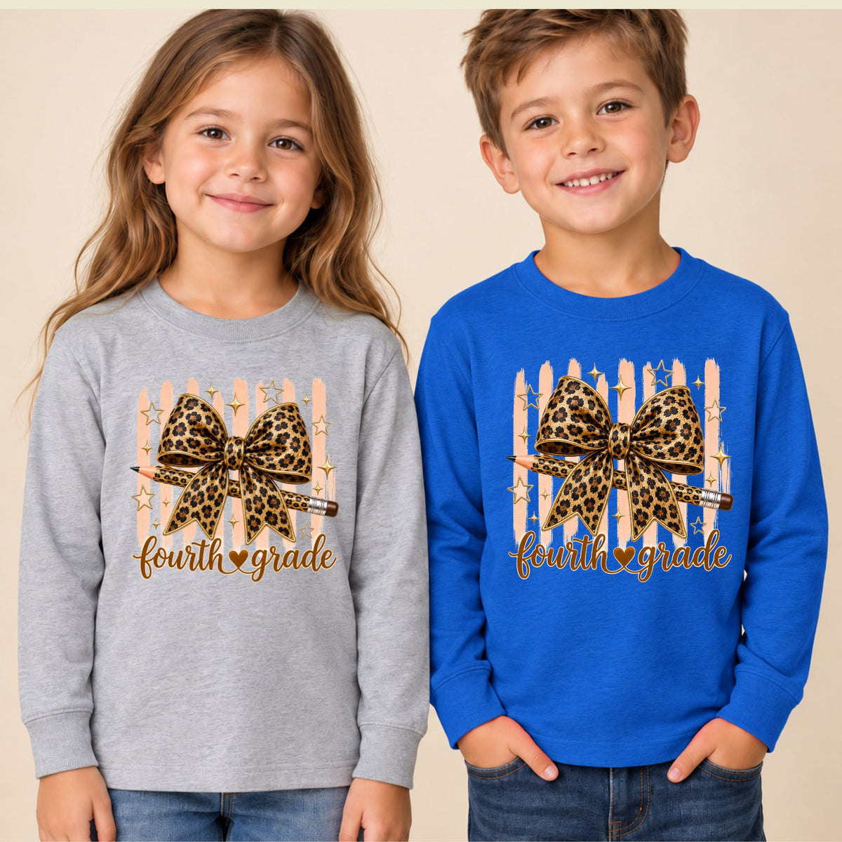 Fourth Grade Leopard Bow Pencil T-Shirt, Cute Back to School Tee for Toddler and Kids