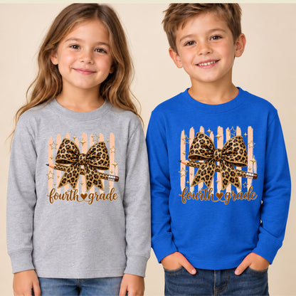 Fourth Grade Leopard Bow Pencil T-Shirt, Cute Back to School Tee for Toddler and Kids