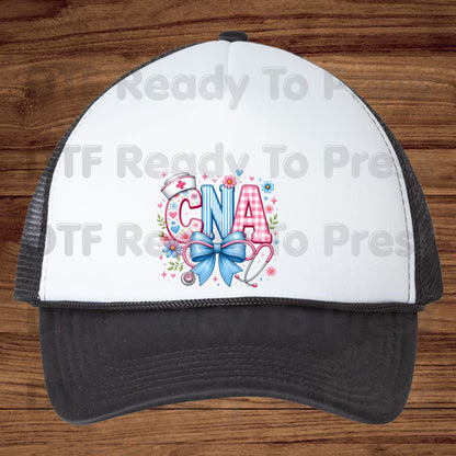 CNA Floral Bow DTF Transfers, Coquette Nurse Stethoscope Pink Blue Medical Graphic Ready to Press
