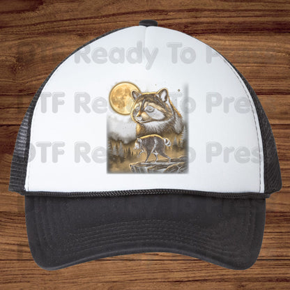 Vintage Raccoon Full Moon DTF Transfers, Forest Wildlife Trash Panda Outdoor Ready to Press