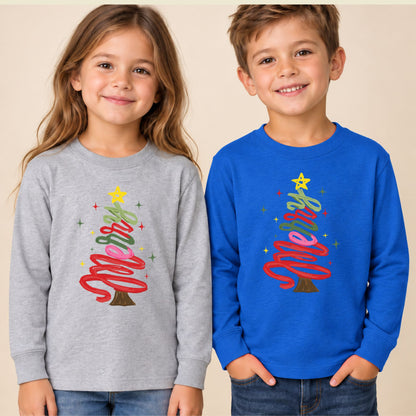 Merry Christmas T-Shirt, Script Tree Sparkle Tee, Festive Holiday Sweatshirt