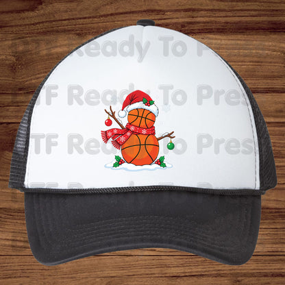 Christmas DTF Transfer, Basketball Snowman with Santa Hat and Scarf Graphic
