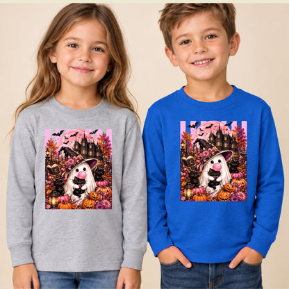 Pink Ghost Halloween T-Shirt, Witch Ghost Bubble Gum Black Cat Spooky Cute Tee for Toddler and Kids