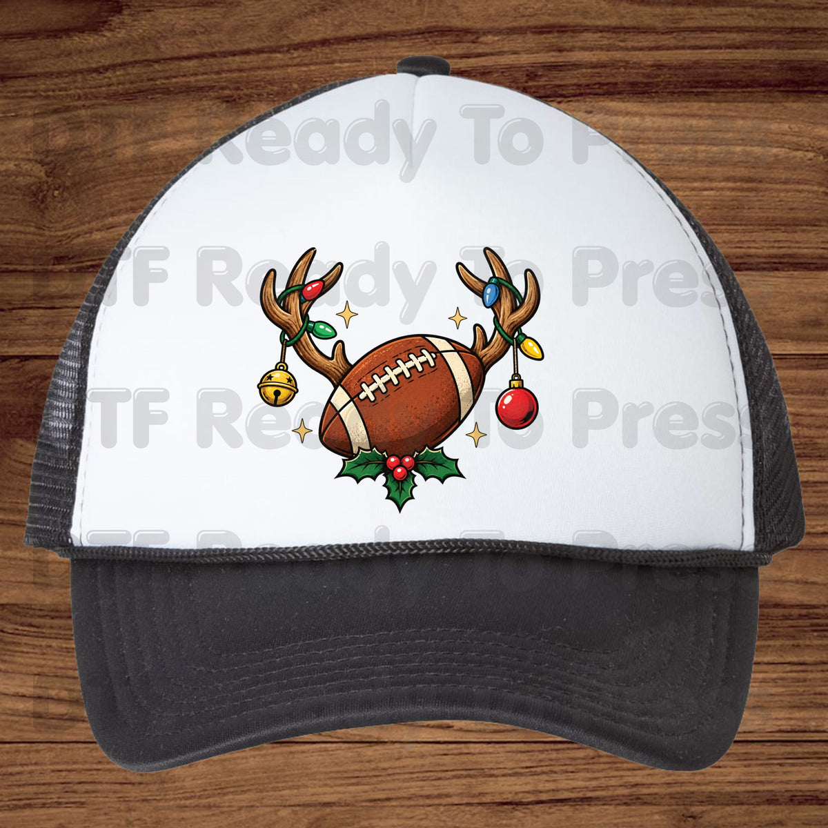 Christmas DTF Transfer, Reindeer Antlers with Football Lights and Holly Graphic