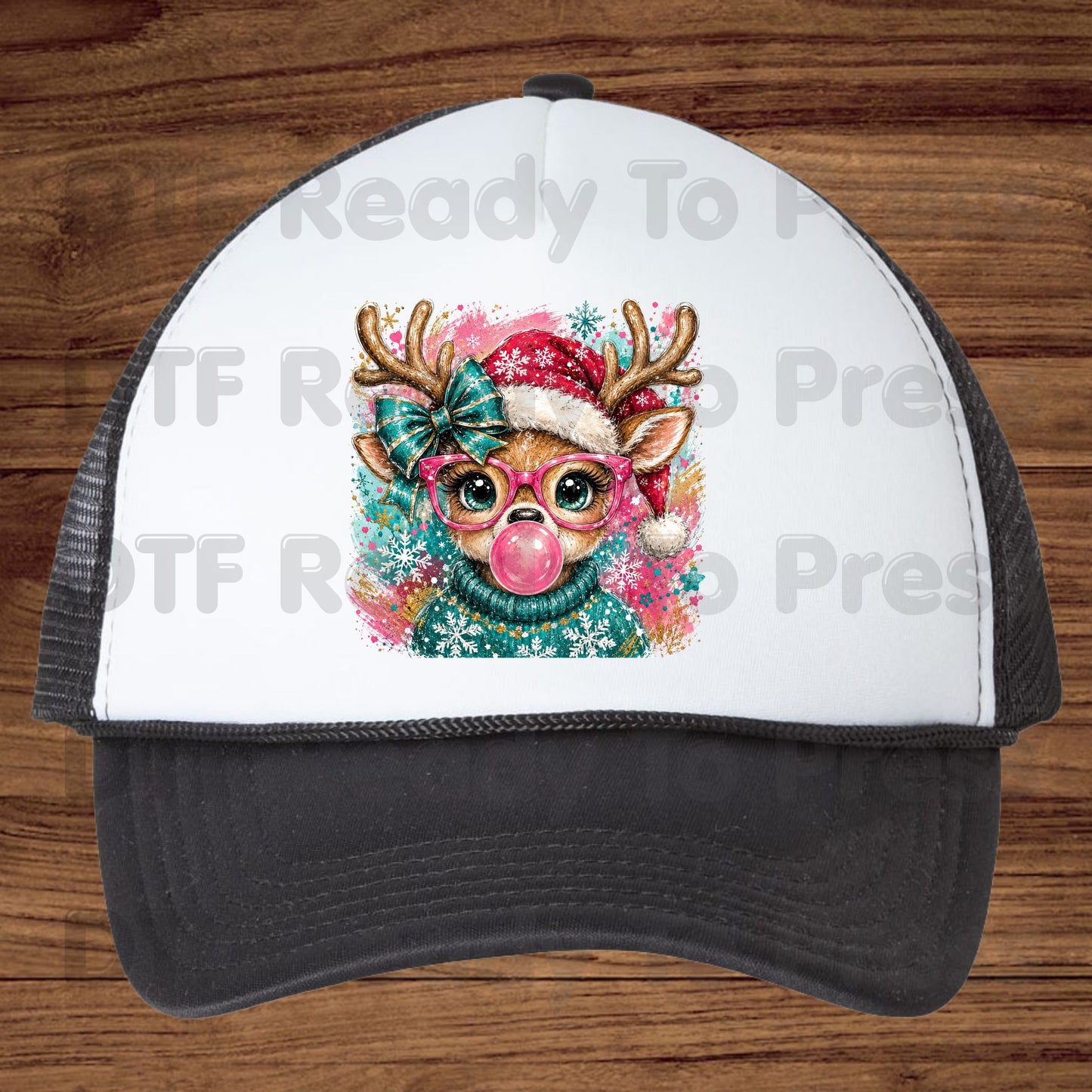Christmas Reindeer DTF Transfers, Pink Glasses Bubblegum Deer Santa Hat Cute Ready to Press