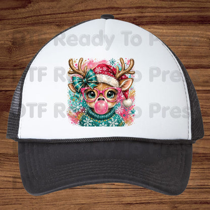 Christmas Reindeer DTF Transfers, Pink Glasses Bubblegum Deer Santa Hat Cute Ready to Press