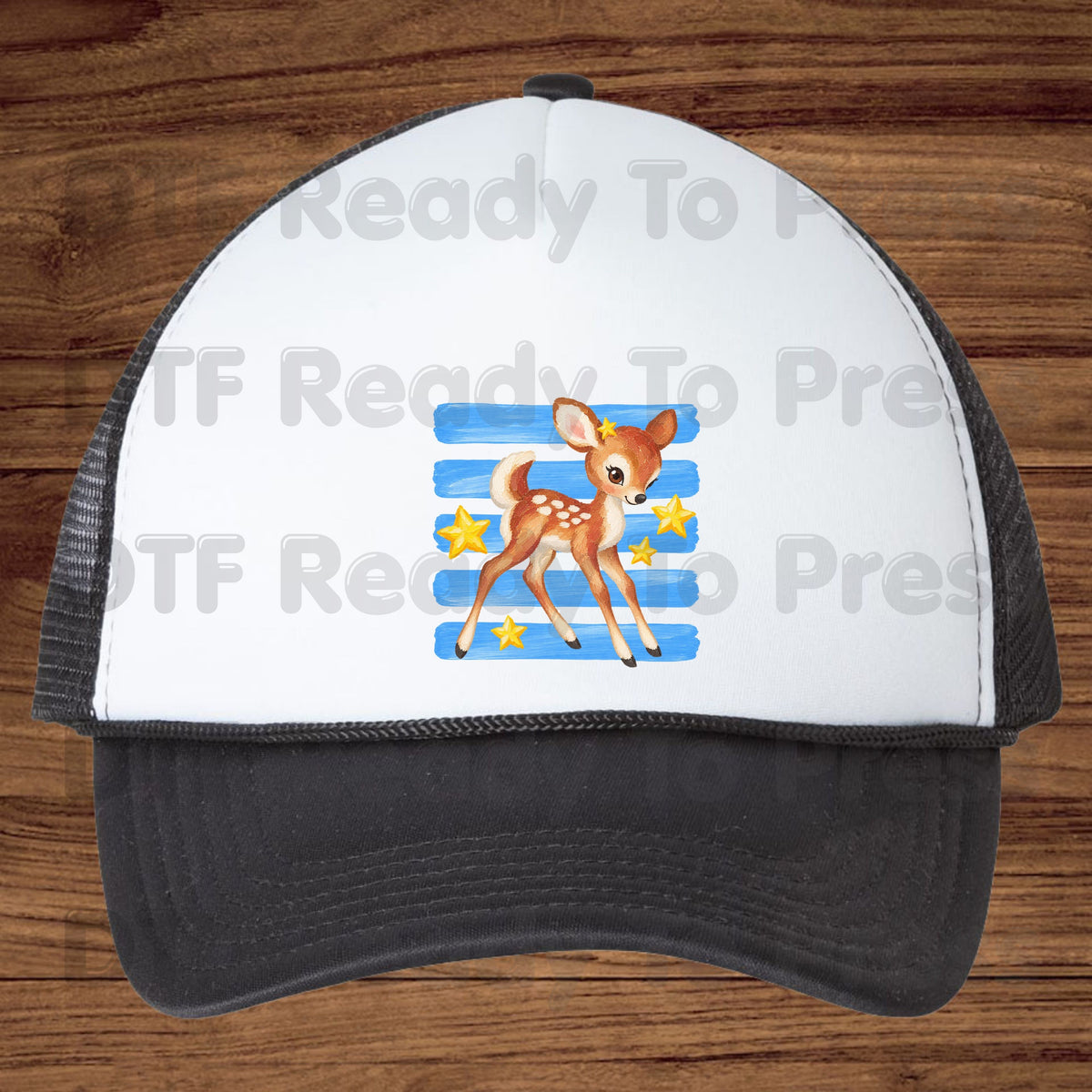 Vintage Baby Deer DTF Transfers, Fawn Stars Blue Stripes Cute Christmas Holiday Ready to Press