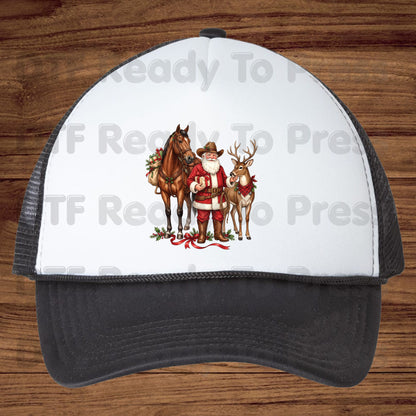 Christmas DTF Transfer, Cowboy Santa with Horse and Reindeer, Western Holiday Graphic