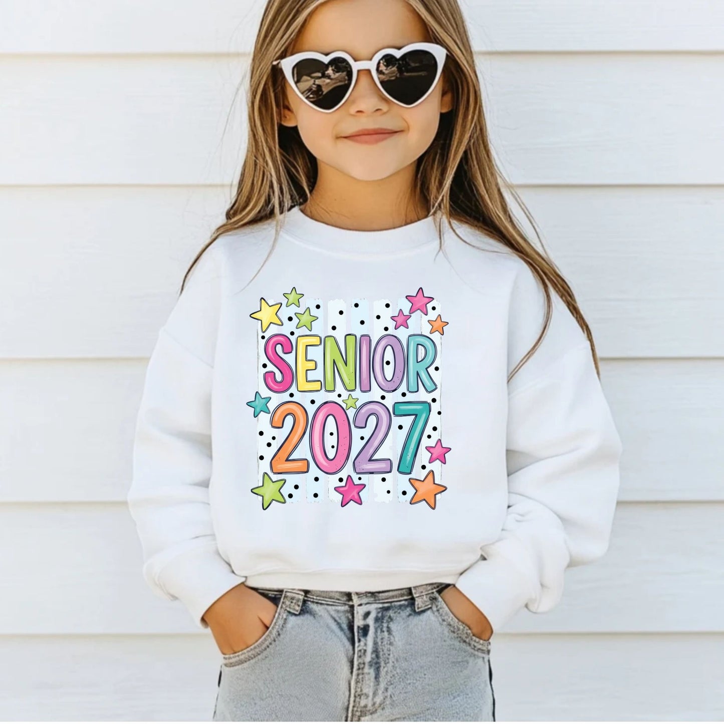Senior 2027 DTF Transfer Ready to Press Graduation Heat Transfer for Shirts Colorful Pastels Bubble Letters Stars Stripes Tee