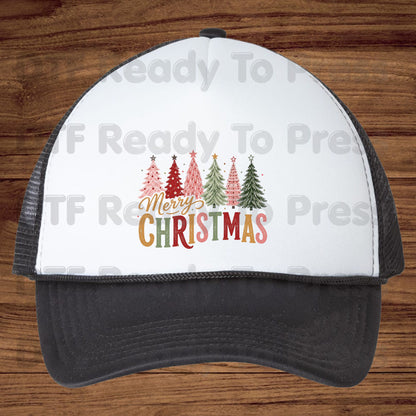 Christmas DTF Transfer, Colorful Christmas Trees, Gold Script