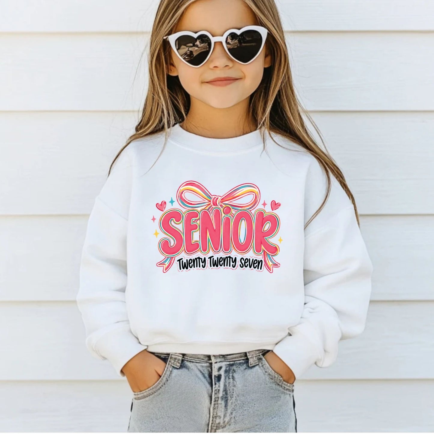 Senior Twenty Twenty Seven DTF Transfer Ready to Press Graduation Heat Transfer for Shirts Pink Multi Color Bow Retro Bubble Font Tee