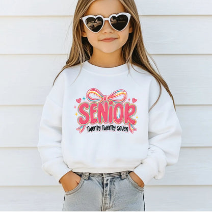 Senior Twenty Twenty Seven DTF Transfer Ready to Press Graduation Heat Transfer for Shirts Pink Multi Color Bow Retro Bubble Font Tee