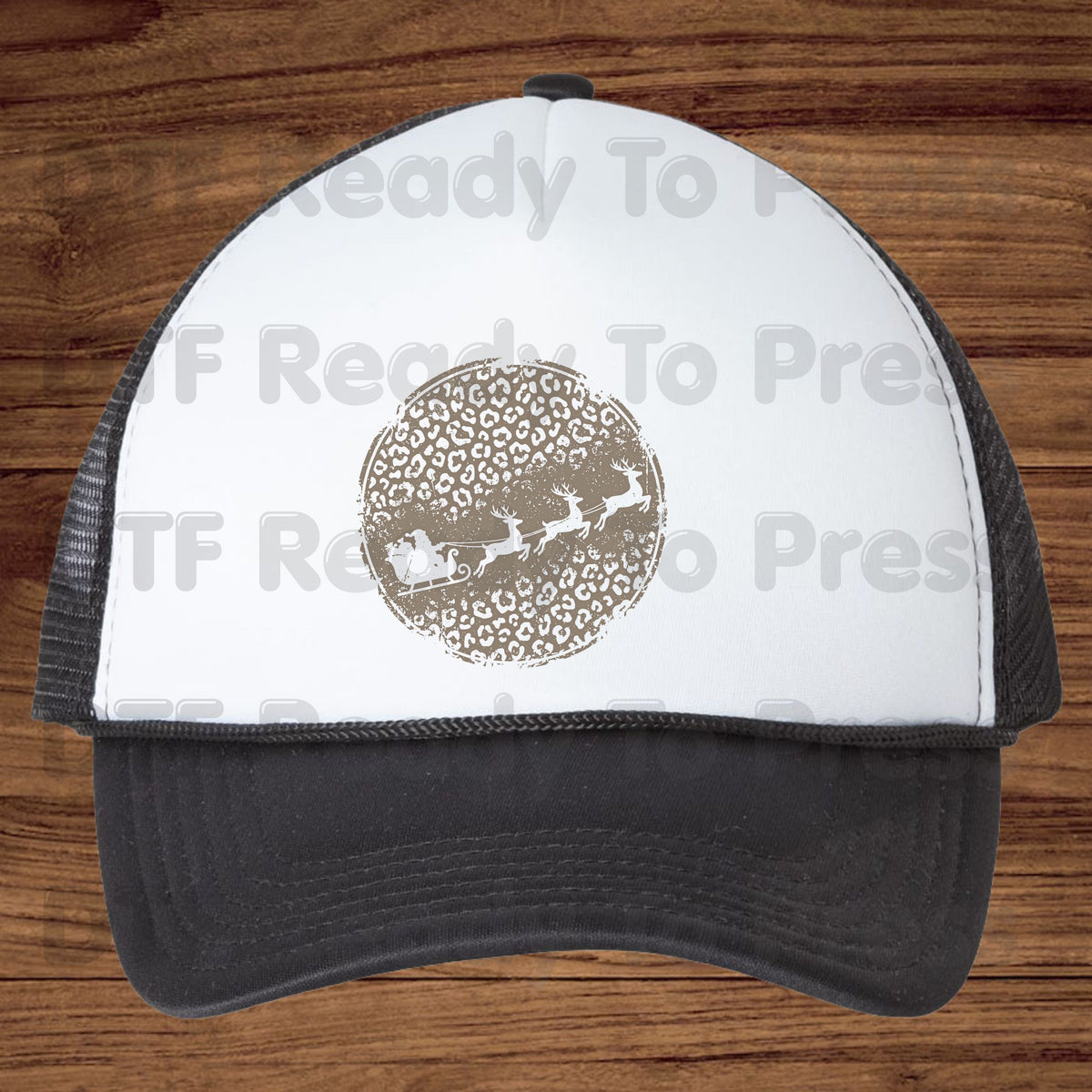 Christmas DTF Transfer, Santa Sleigh and Reindeer, Leopard Print Circle Graphic