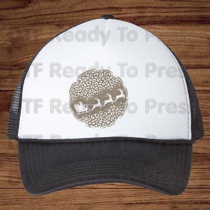 Christmas DTF Transfer, Santa Sleigh and Reindeer, Leopard Print Circle Graphic