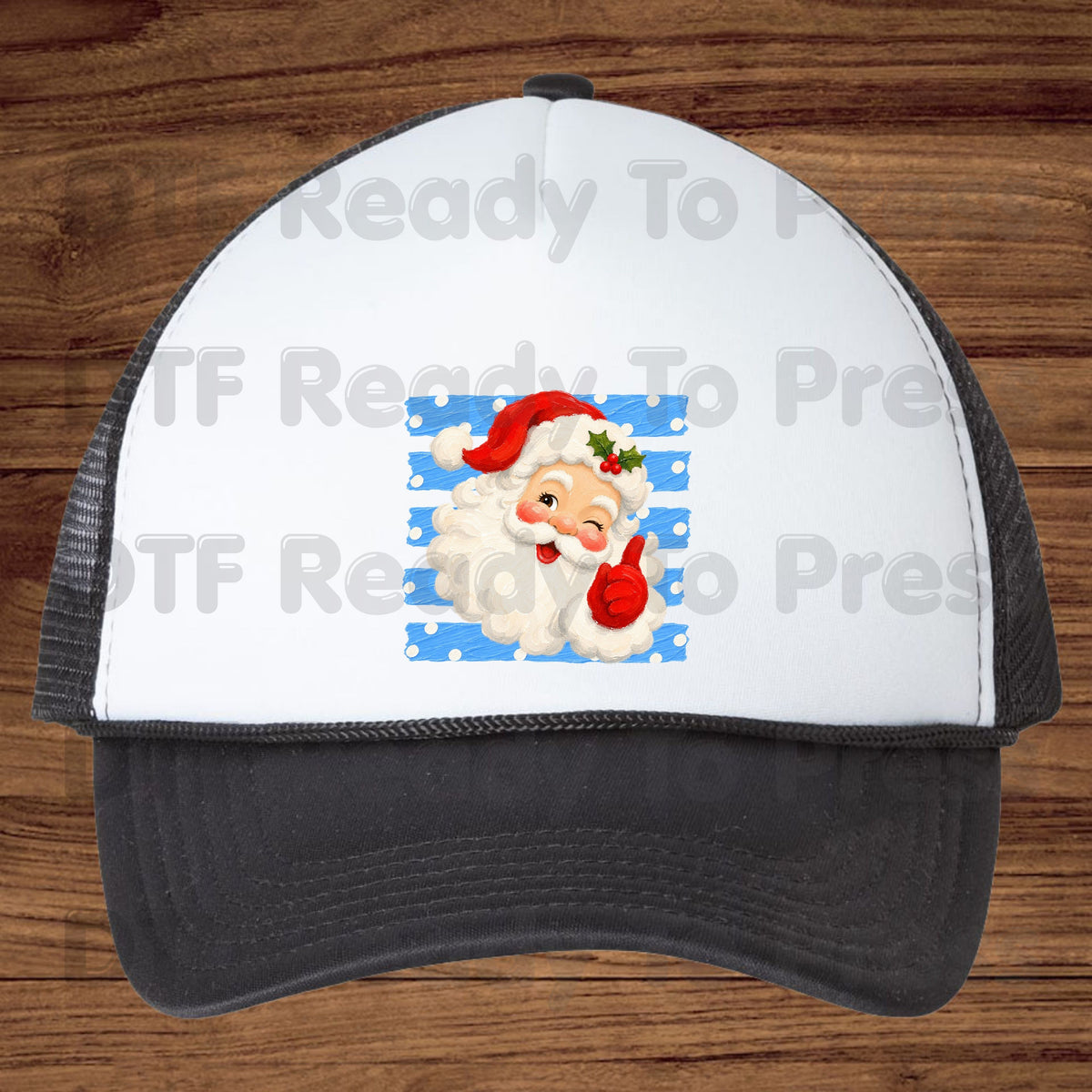 Vintage Winking Santa DTF Transfers, Blue Striped Background Christmas Holiday Ready to Press