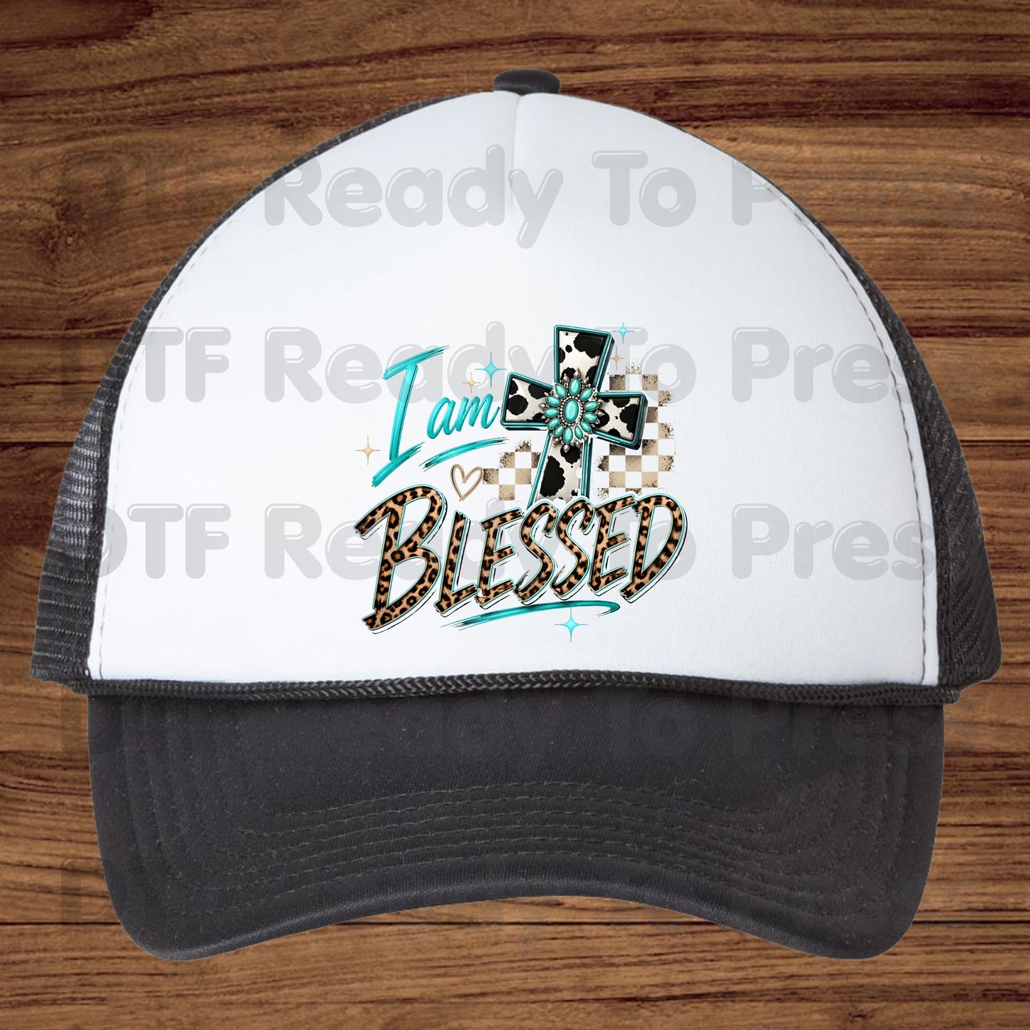 I Am Blessed DTF Transfers, Western Cross Cow Print Turquoise Leopard Faith Ready to Press