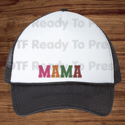 Mama DTF Transfers, Striped Colorful Retro Varsity Letter Mama Ready to Press