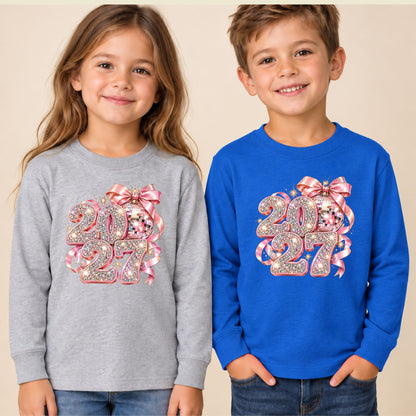New Year 2027 T-Shirt, Pink Glitter Disco Ball Bow Tee, Sparkly Party Sweatshirt