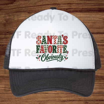 Christmas DTF Transfer, Santa’s Favorite Obviously, Plaid Lettering and Holly Graphic