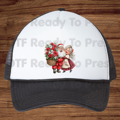Santa Mrs Claus DTF Transfers, Vintage Christmas Couple Flowers Holiday Ready to Press