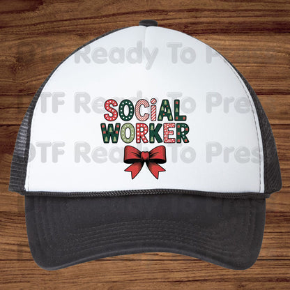 Christmas Social Worker DTF Transfers, Holiday Social Work Red Bow Pattern Ready to Press