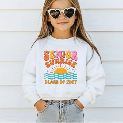 Senior Sunrise Class of 2027 DTF Transfer Ready to Press Graduation Heat Transfer for Shirts Retro Sun Waves Bubble Font Tee