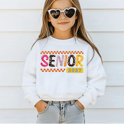 Senior 2027 DTF Transfer Ready to Press Graduation Heat Transfer for Shirts Groovy Retro Daisy Flowers Orange Checkerboard Tee