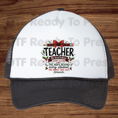 Christmas Teacher DTF Transfers, Heart Behind Every Lesson School Plaid Bow Pencil Holiday Ready to Press