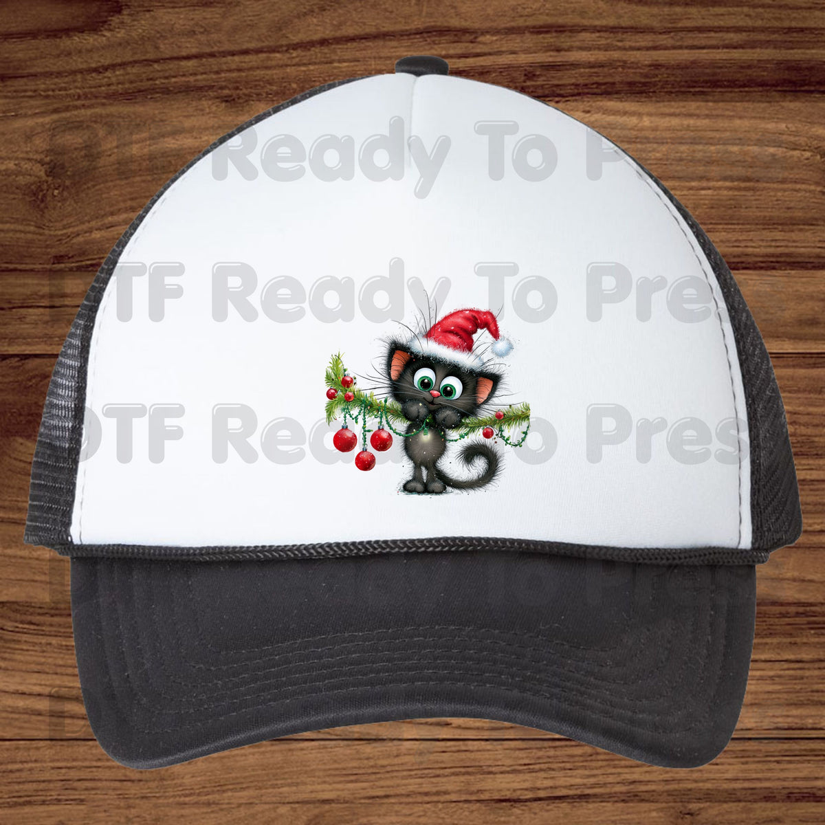 Black Cat Christmas DTF Transfers, Santa Hat Christmas Lights Cute Kitten Holiday Ready to Press