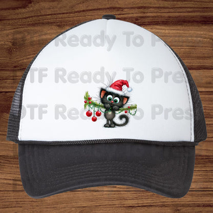 Black Cat Christmas DTF Transfers, Santa Hat Christmas Lights Cute Kitten Holiday Ready to Press