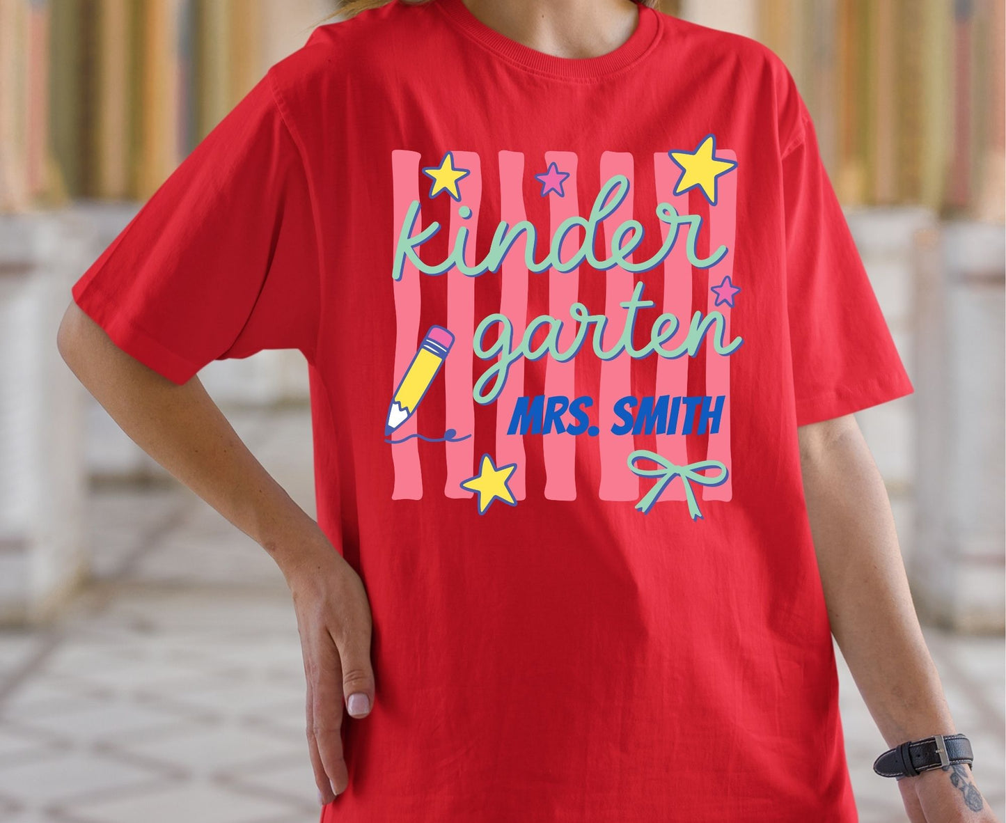 Comfort Colors® Custom Kindergarten Teacher Shirt Retro Stripe Kindergarten Team Tees Personalized Name T Shirt For Men Women Kids Elementary