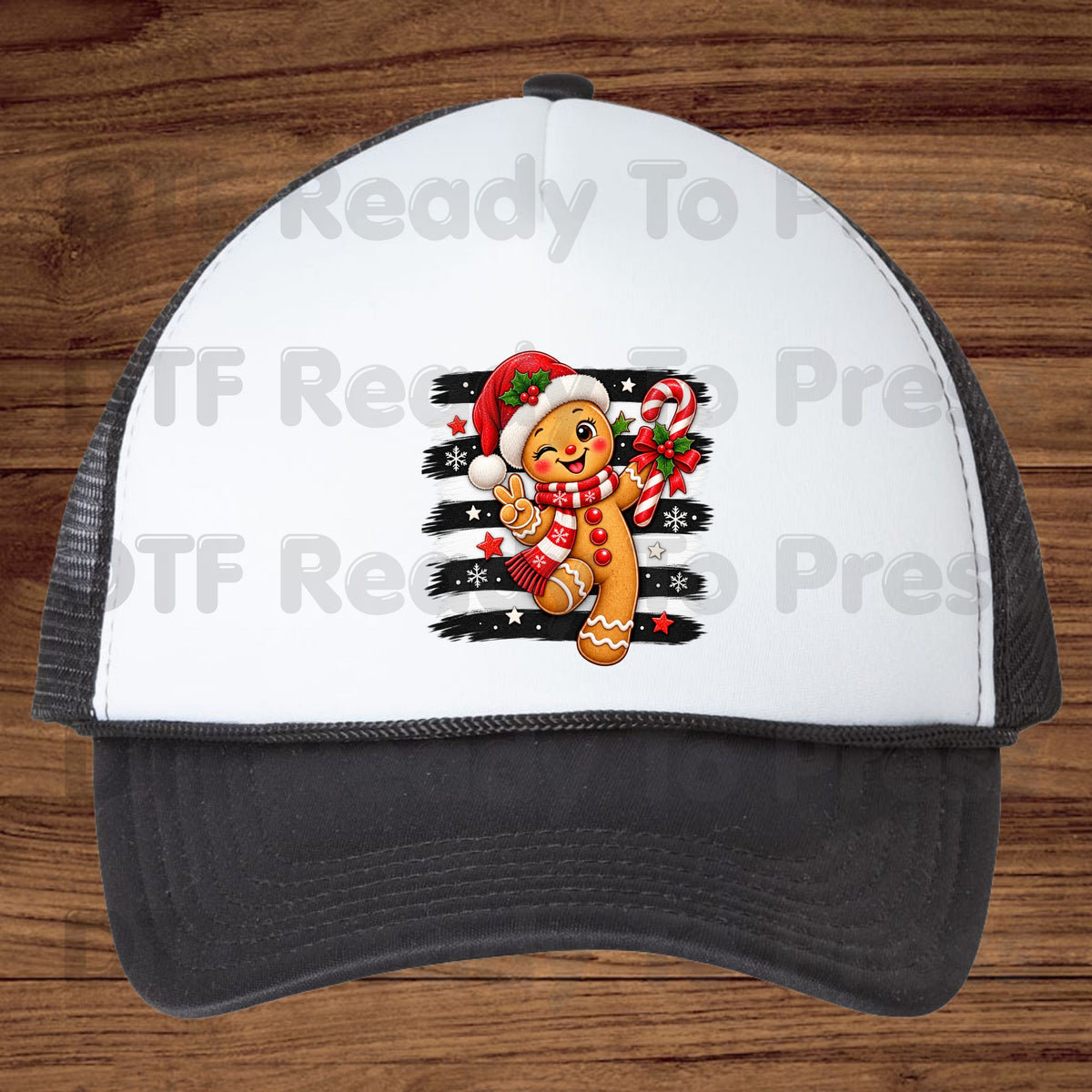 Gingerbread Man DTF Transfers, Candy Cane Santa Hat Black White Stripes Cute Christmas Ready to Press