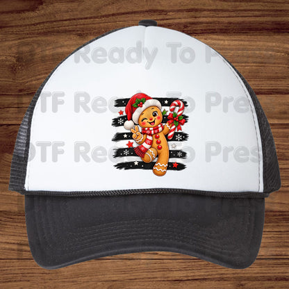 Gingerbread Man DTF Transfers, Candy Cane Santa Hat Black White Stripes Cute Christmas Ready to Press