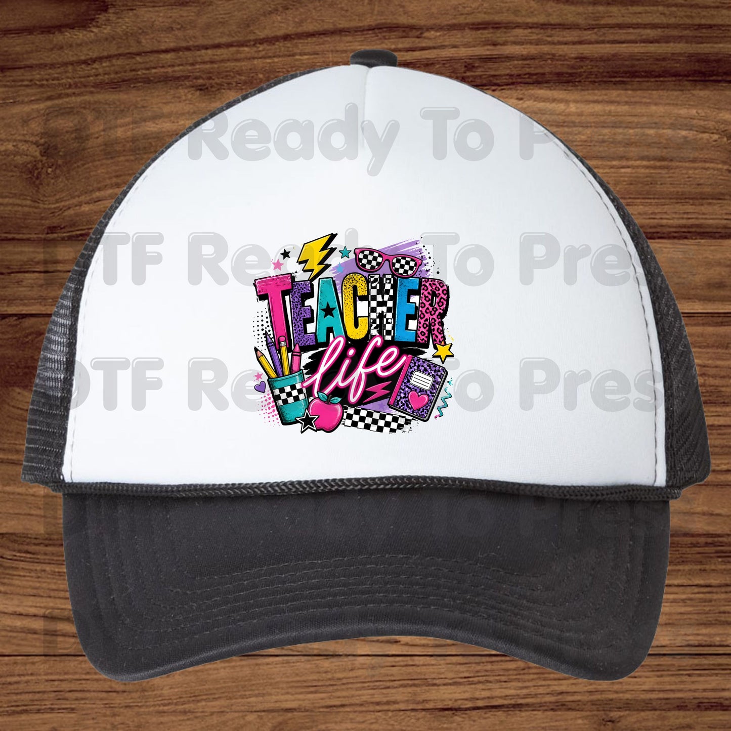 Retro Neon Teacher Life DTF Transfers, Colorful Doodle Graffiti Checkerboard Sunglasses Back to School Ready to Press