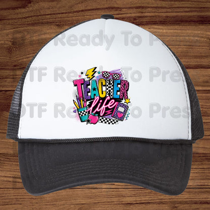 Retro Neon Teacher Life DTF Transfers, Colorful Doodle Graffiti Checkerboard Sunglasses Back to School Ready to Press