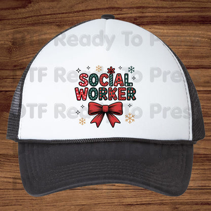 Christmas Social Worker Bow DTF Transfers, Community Snowflake Polka Dot Holiday Ready to Press