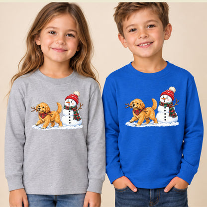Golden Retriever Christmas T-Shirt, Puppy and Snowman Plaid Scarf Tee, Cute Winter Sweatshirt