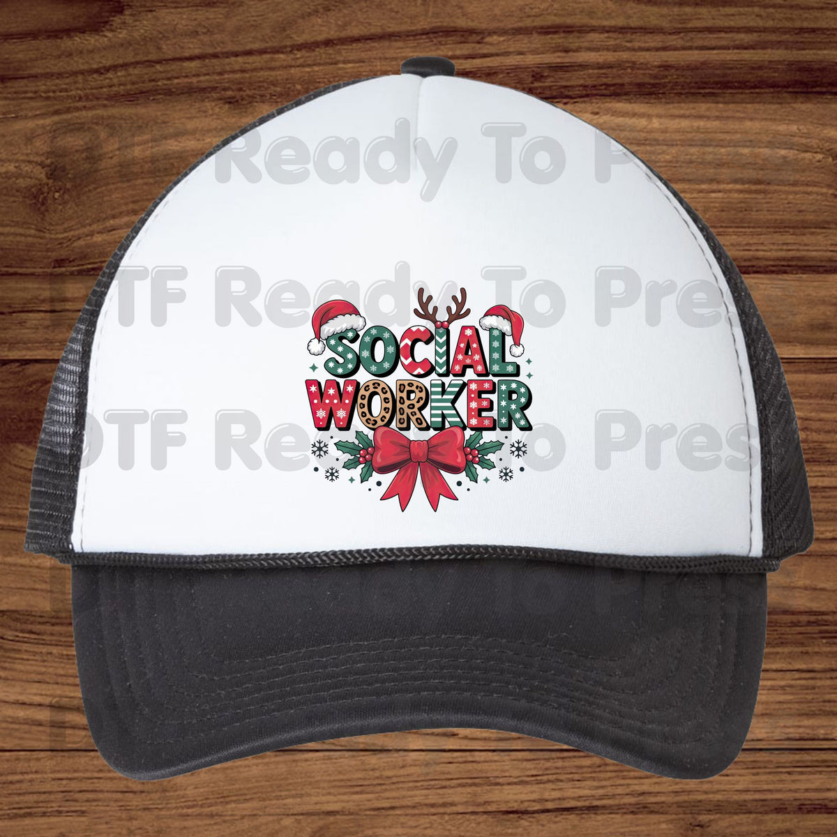 Christmas Social Worker DTF Transfers, Holiday Santa Hat Leopard Bow Social Work Ready to Press